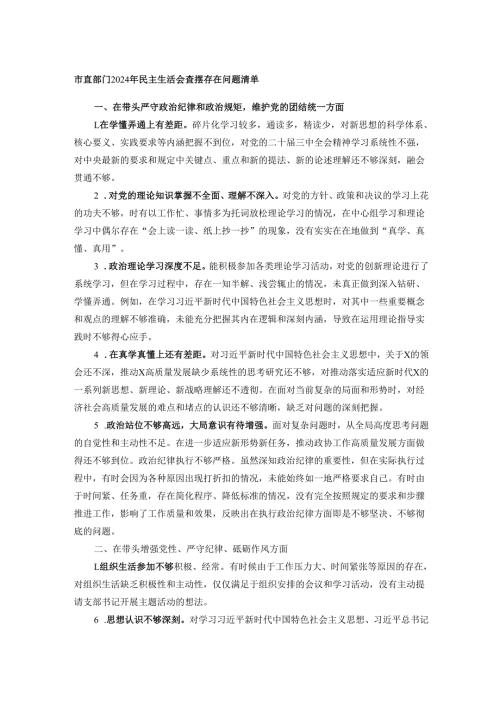 市直部门2024年民主生活会查摆存在问题清单.docx