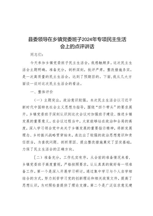 县委领导在乡镇党委班子2024年专题民主生活会上的点评讲话.docx