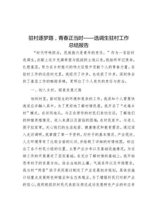 驻村逐梦路青春正当时——选调生驻村工作总结报告.docx