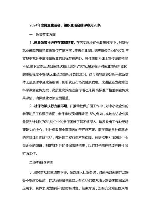 2024年度民主生活会、组织生活会批评意见20条.docx