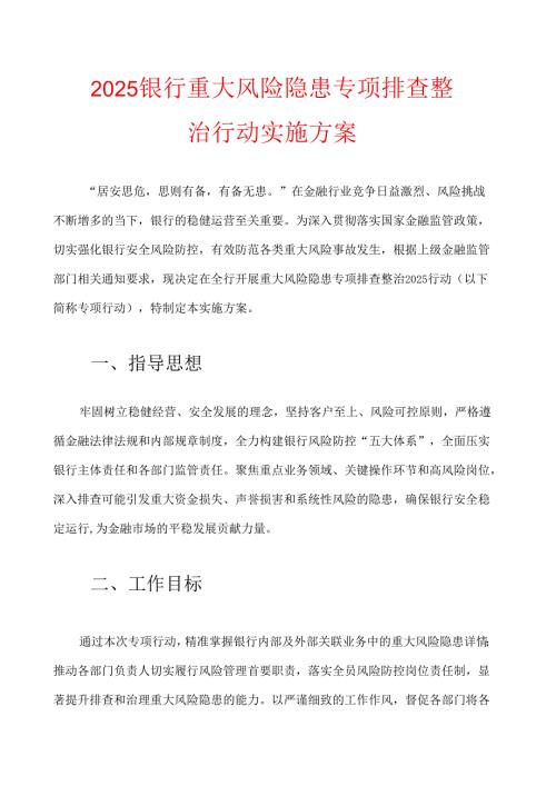 2025银行重大风险隐患专项排查整治行动实施方案.docx
