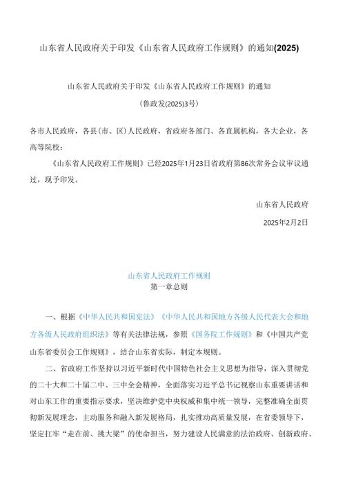 山东省人民政府关于印发《山东省人民政府工作规则》的通知(2025).docx