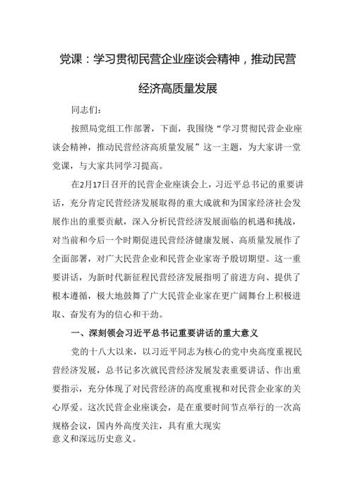 党课：学习贯彻民营企业座谈会精神推动民营经济高质量发展.docx
