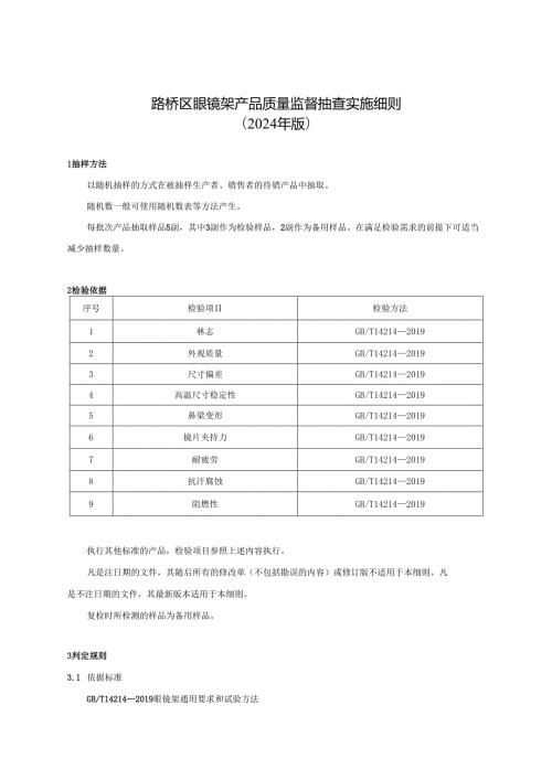 路桥区眼镜架产品质量监督抽查实施细则.docx