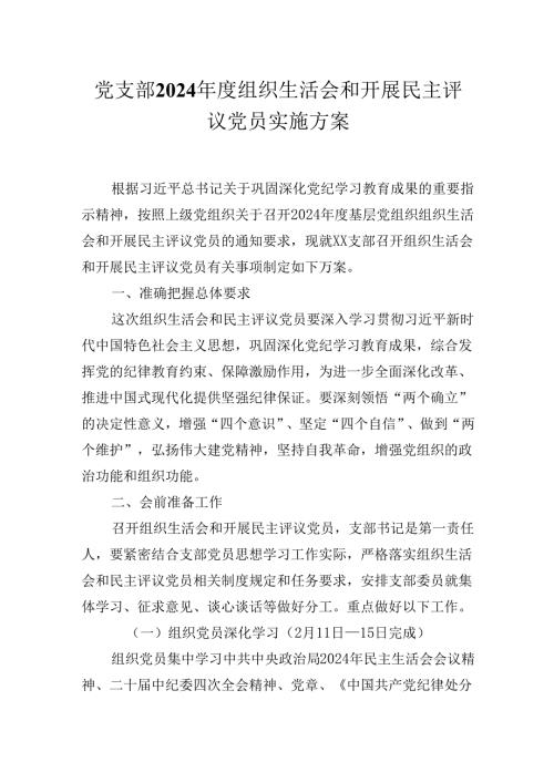 党支部2024年度组织生活会和开展民主评议党员实施方案.docx