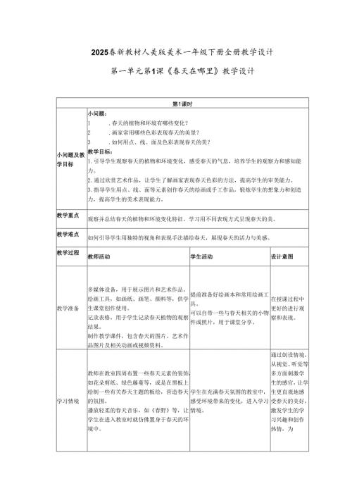 2024版新教材（2025春）人美版美术一年级下册全册教案教学设计（表格式）.docx