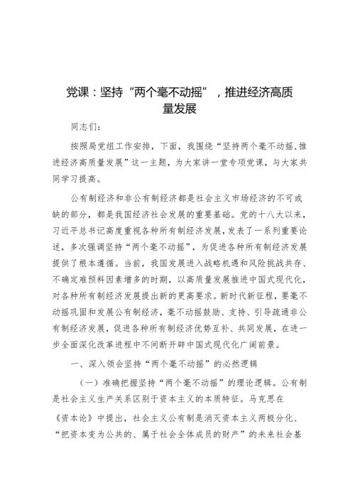 党课：坚持“两个毫不动摇”推动经济高质量发展.docx