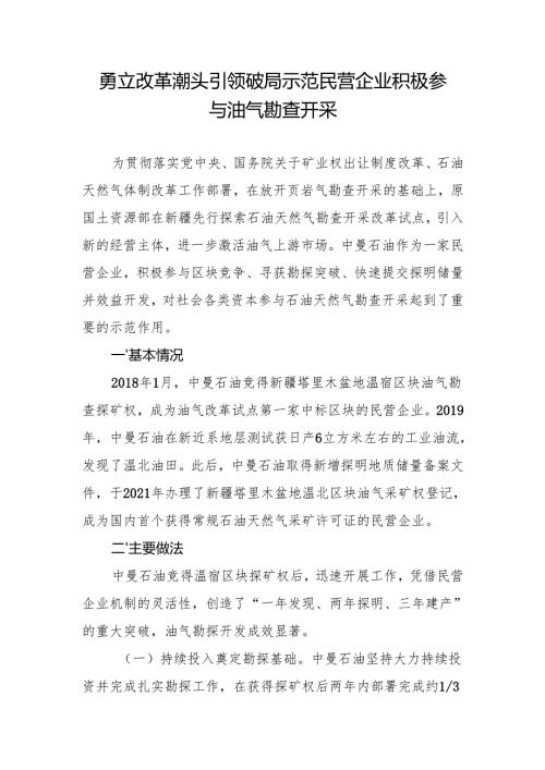 勇立改革潮头 引领破局示范 民营企业积极参与油气勘查开采.docx
