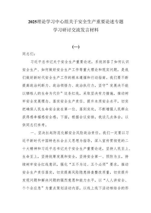 2025理论学习中心组关于安全生产重要论述专题学习研讨交流发言材料6篇.docx