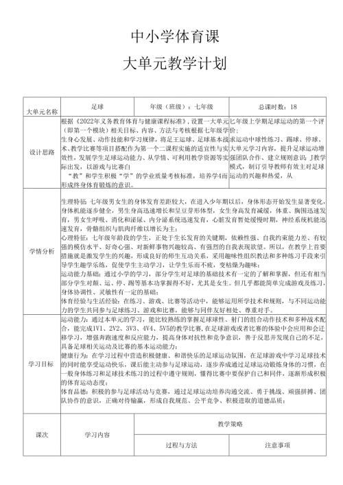 初中体育与健康 水平四足球大单元教学计划 教案（表格式）.docx
