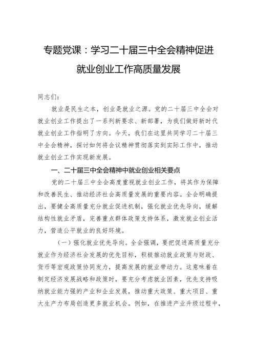 专题党课：学习二十届三中全会精神促进就业创业工作高质量发展.docx