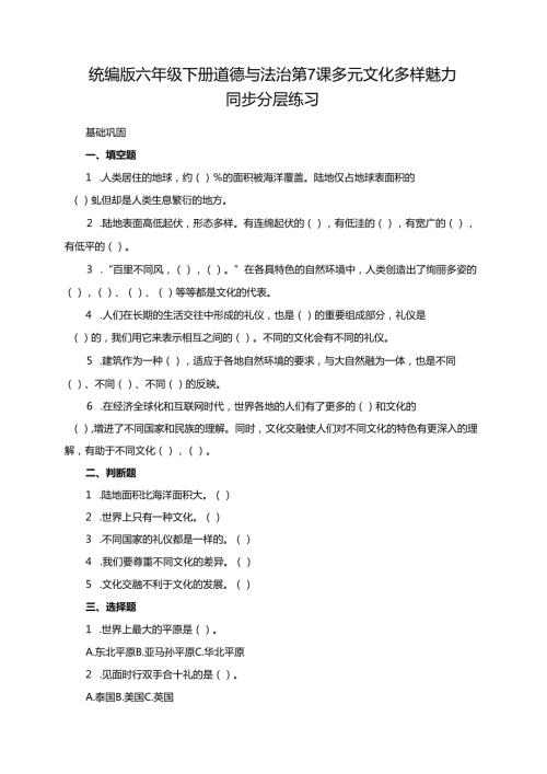 统编版六年级下册道德与法治第7课《多元文化 多样魅力》同步分层练习.docx