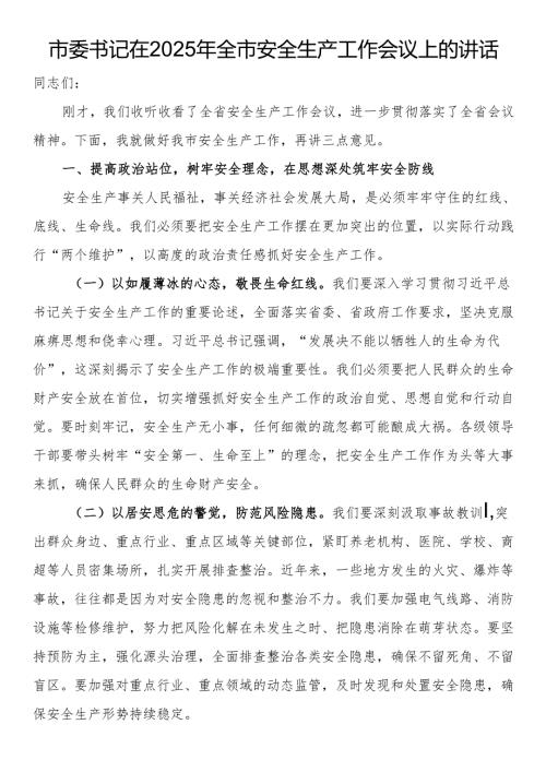 市委书记在2025年全市安全生产工作会议上的讲话.docx