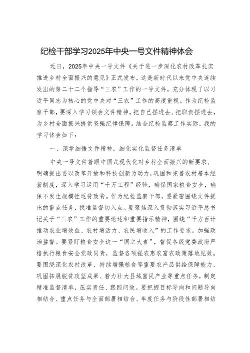 纪检干部学习2025年中央一号文件精神体会.docx