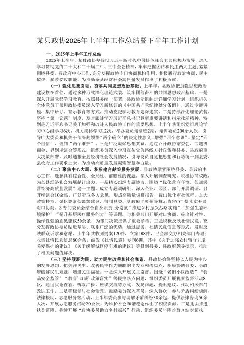 某县政协2025年上半年工作总结暨下半年工作计划.docx