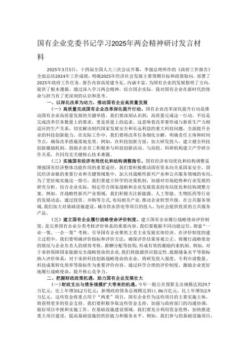 国有企业党委书记学习2025年两会精神研讨发言材料.docx