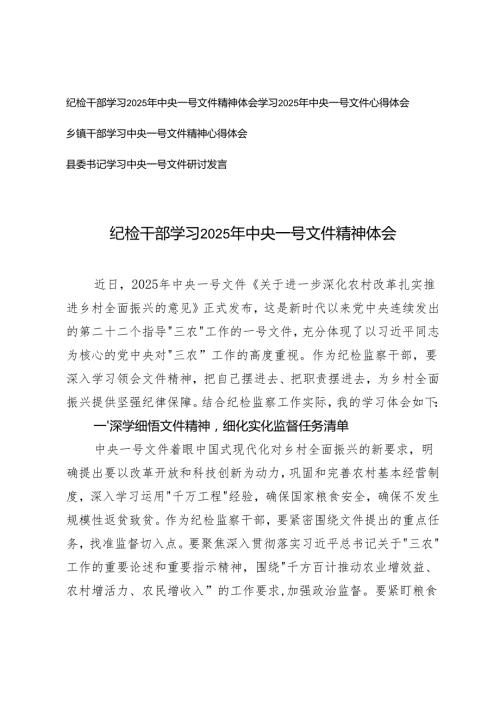 县委书记、乡镇干部学习2025年中央一号文件心得体会.docx